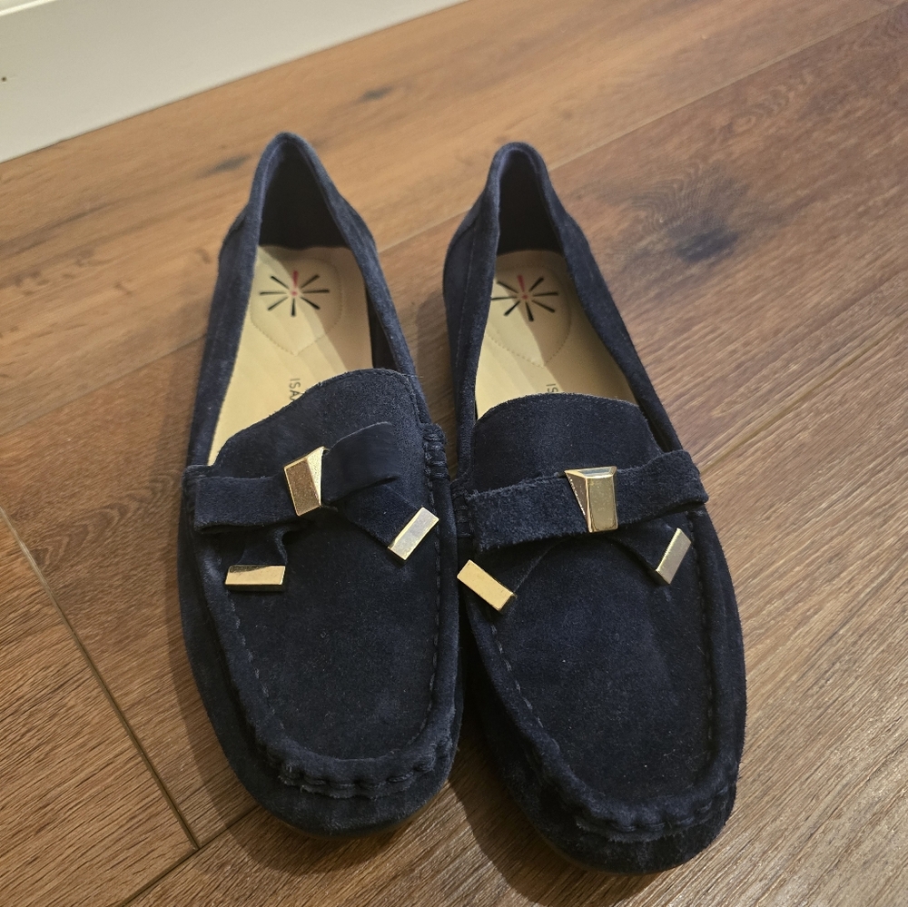 Isaac Mizrahi Live Women Size 7 Blue Suede Bow Moccasins Loafers Shoes